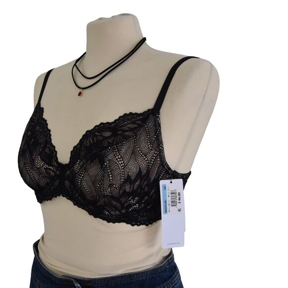 Calvin Klein Black Lace Bra 34C NWT Sheer Unlined Seductive Comfort Bralette - Picture 1 of 8